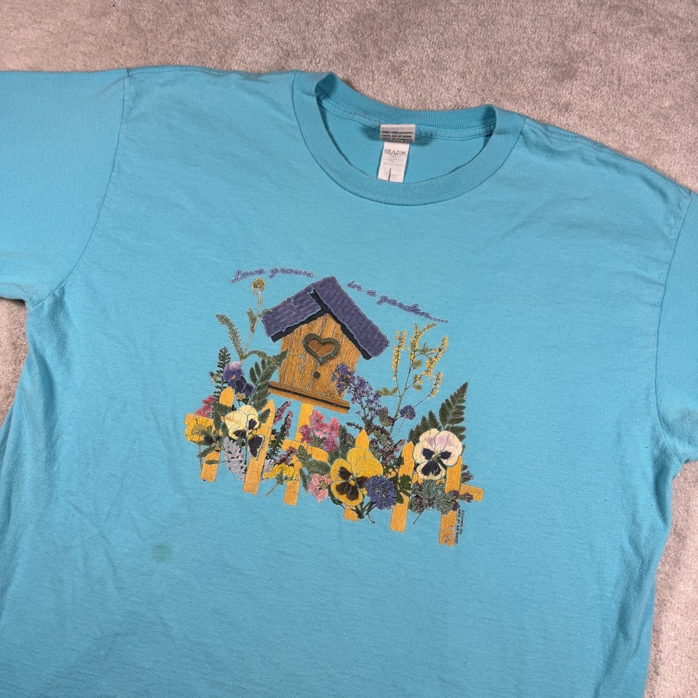 Brazos T-Shirt Women XL Blue Birdhouse Garden Love Grows Graphic Tee Cotton 90s